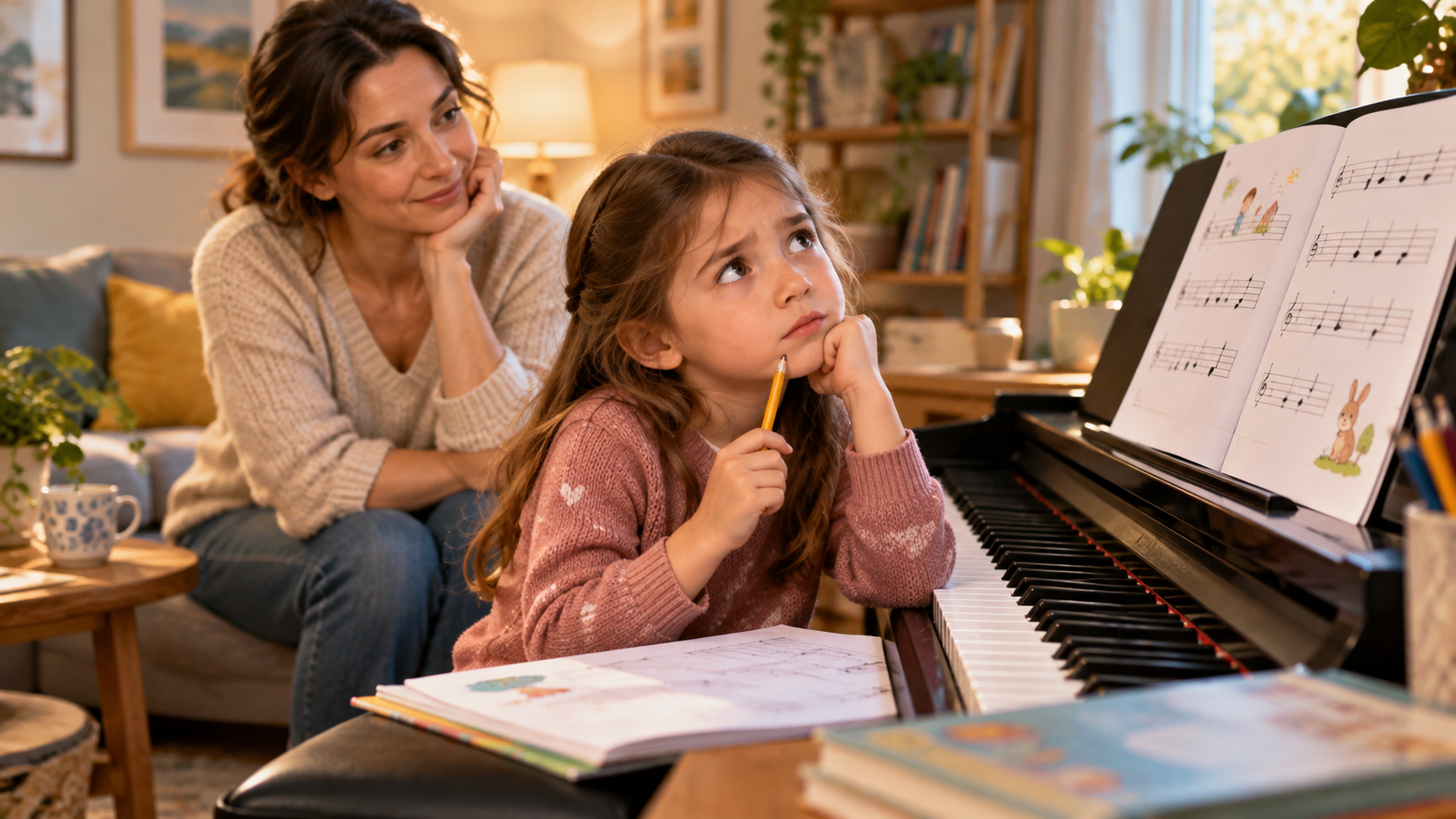 Una madre ayuda a su hija a estudiar lenguaje musical