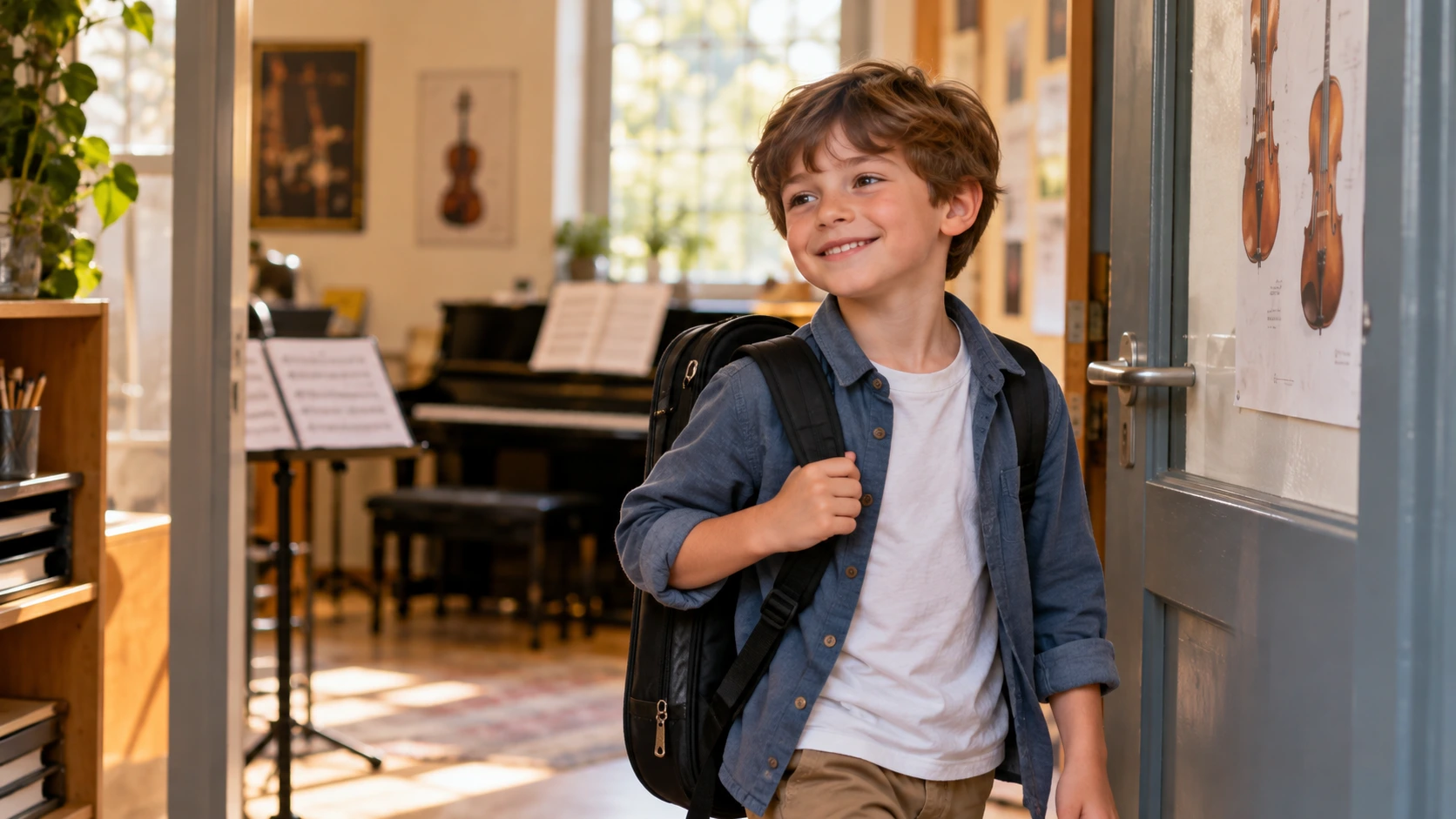 Niño sale contento de clase de música