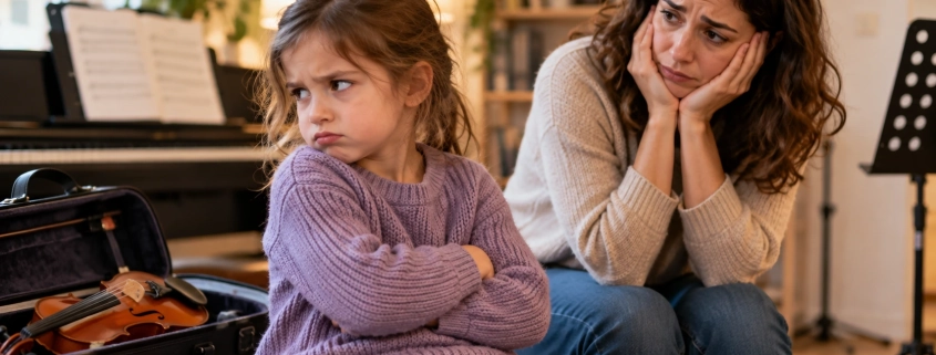 Niña que muestra resistencia a ir a clases de música, una situación habitual que preocupa a muchas familias.