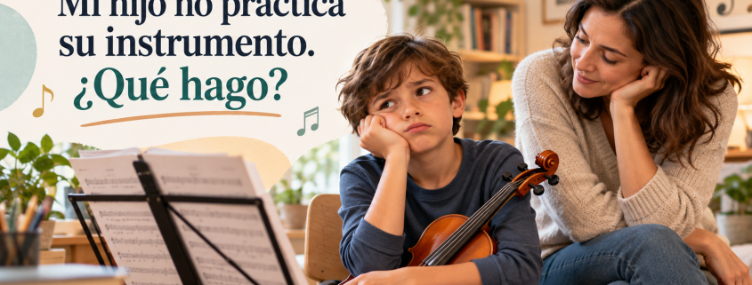 niño que no quiere practicar el violín con su madre que lo mira con cariño.